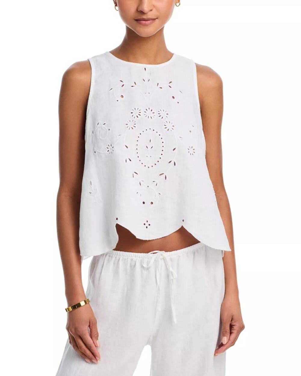 Bella Dahl Women White Linen Embroidered Eyelet Summer Sleeveless Top Size M